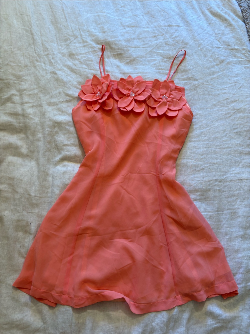 Vintage Coral Flower-Trim Spaghetti Strap Dress
